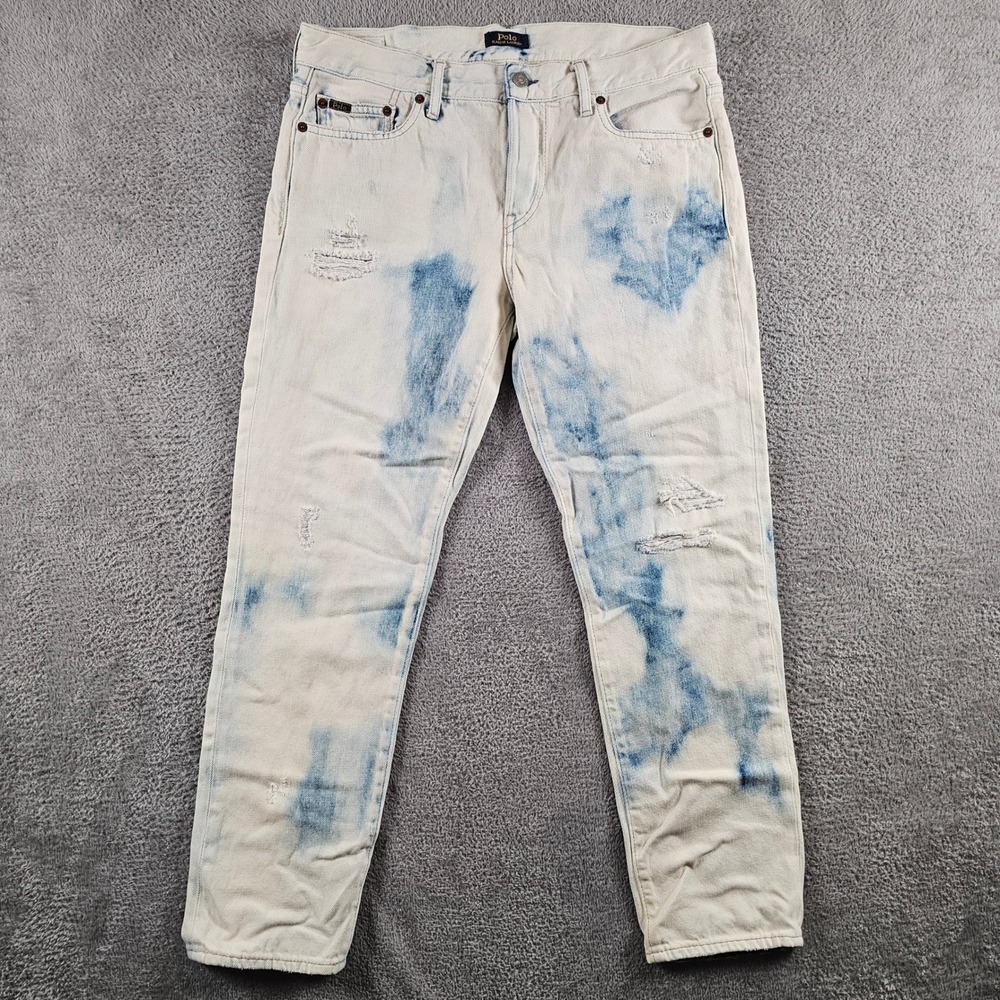 Polo Ralph Lauren Womens Distressed Acid Wash Jeans 27R Bleached Blue Splatter